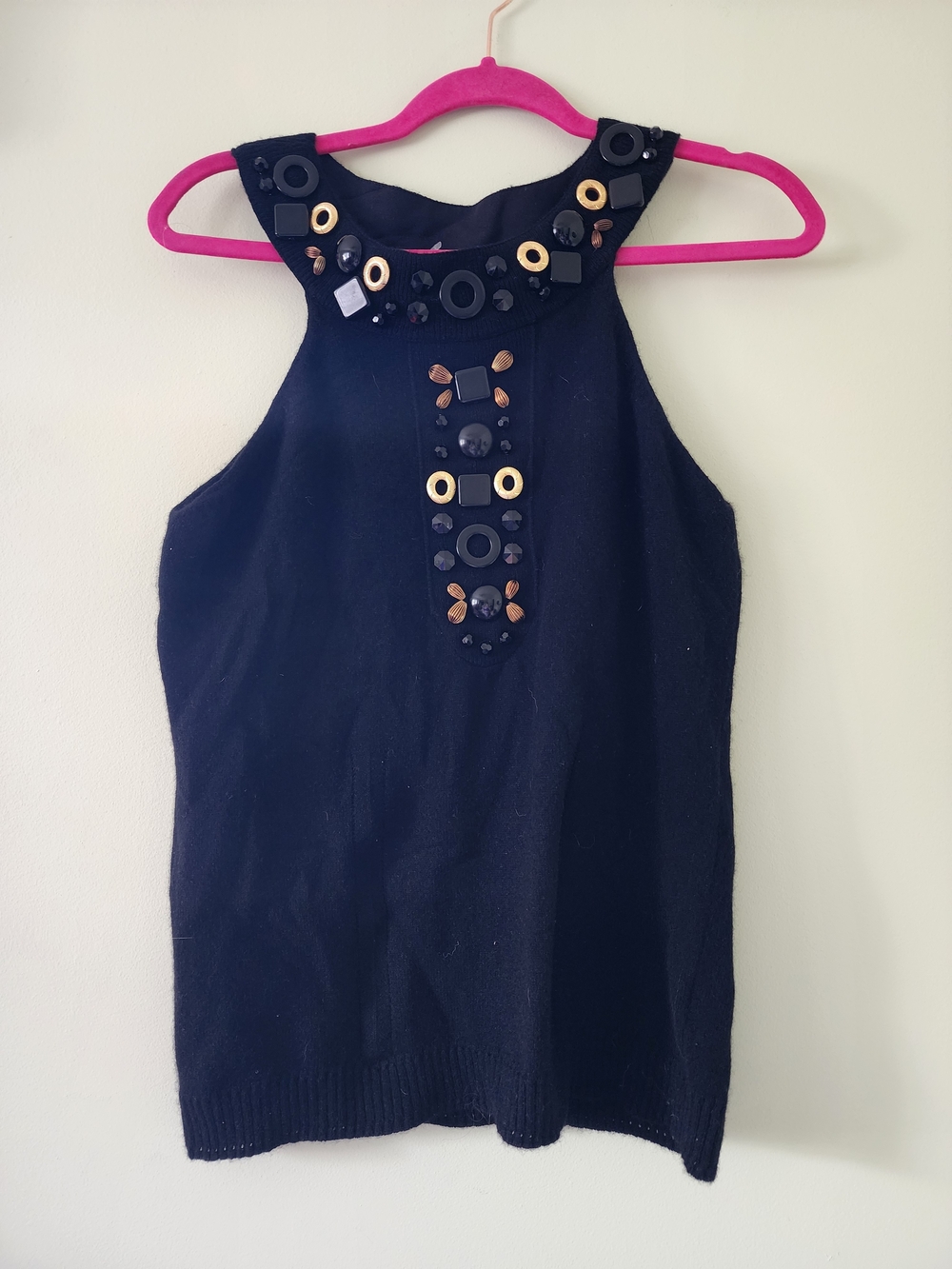 Milly 100% Cashmere Black Embellished Knit Top with Gold Accent